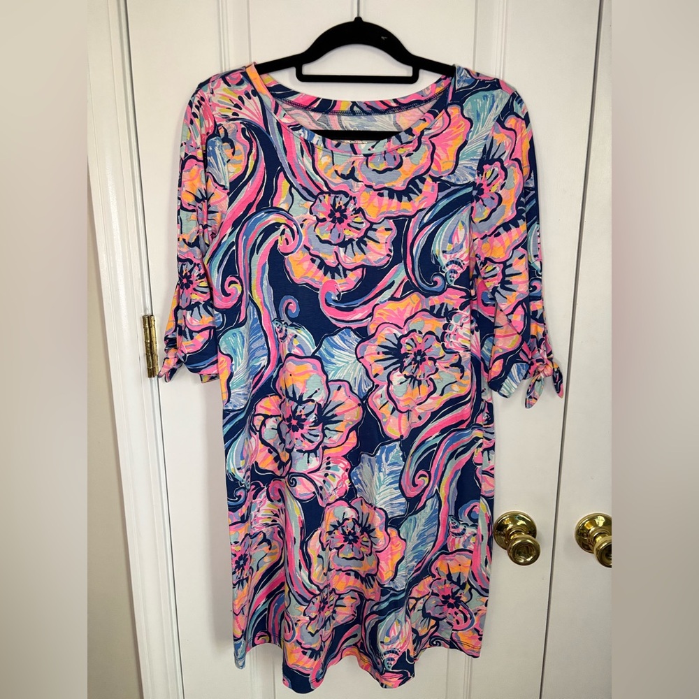 Lilly Pulitzer Floral Dress Pink Blue Tie Sleeve Cotton Women’s M